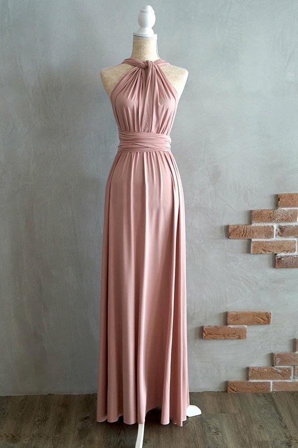 Vestido de dama de honor corte A, largo hasta el suelo, con tirantes cruzados, color rosa pálido, de spandex, BD043 