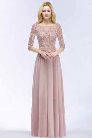 A-line Floor Length Half Sleeves Appliques Bridesmaid Dresses with Sash