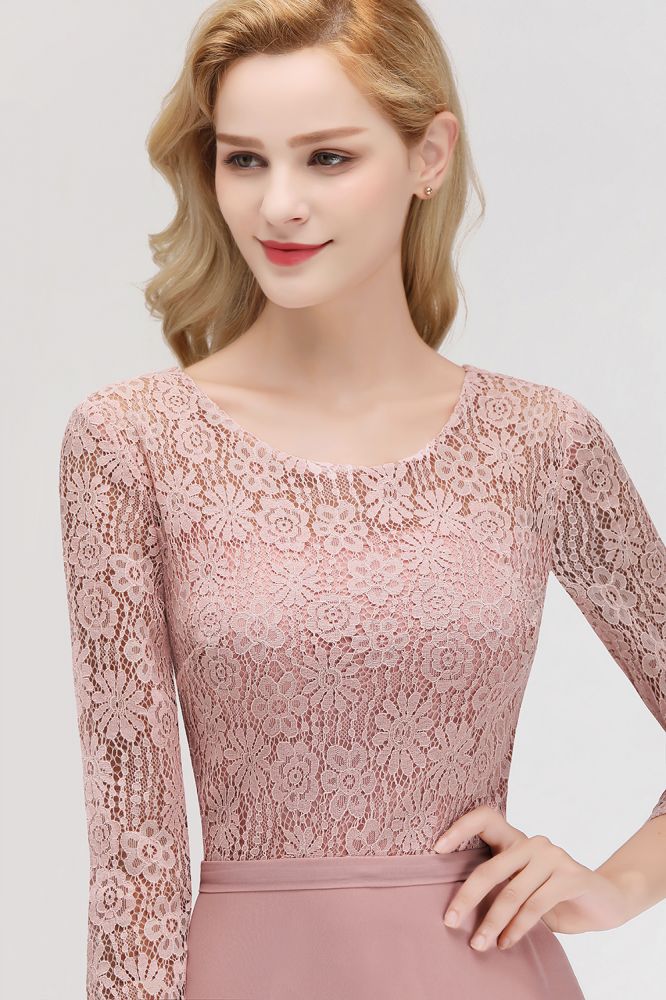 Vestidos de dama de honor de corte A, largos hasta el suelo, de gasa de encaje con mangas