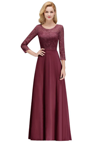 A-line Floor Length Lace Chiffon Bridesmaid Dresses with Sleeves