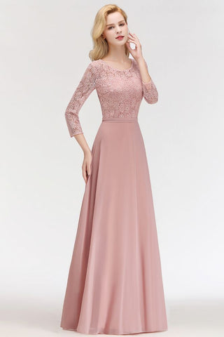 A-line Floor Length Lace Chiffon Bridesmaid Dresses with Sleeves