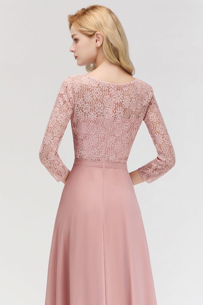 Vestidos de dama de honor de corte A, largos hasta el suelo, de gasa de encaje con mangas