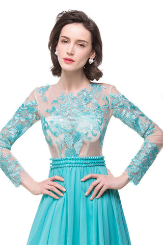 Vestidos formales de corte A, largos hasta el suelo, de manga larga y con fajín redondo.