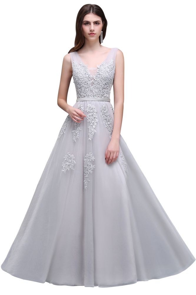Robe de demoiselle d'honneur en tulle, coupe trapèze, longueur au sol, ornée d'appliqués
