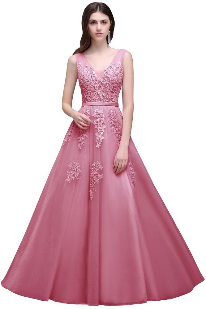 Robe de demoiselle d'honneur en tulle, coupe trapèze, longueur au sol, ornée d'appliqués
