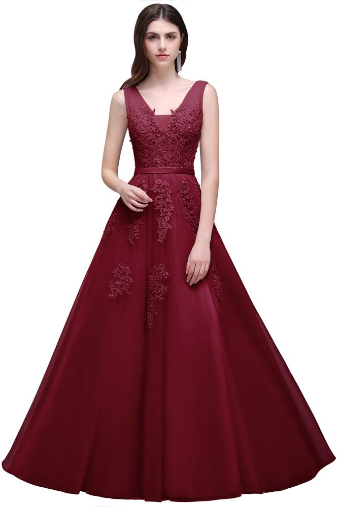 Vestido de dama de honor de tul hasta el suelo, corte en A, con apliques