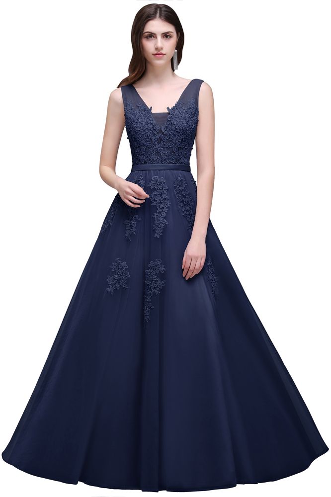 Vestido de dama de honor de tul hasta el suelo, corte en A, con apliques