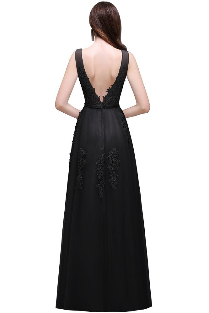 Robe de demoiselle d'honneur en tulle, coupe trapèze, longueur au sol, ornée d'appliqués