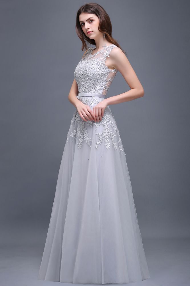 Vestido de graduación de tul hasta el suelo, corte en A, con apliques