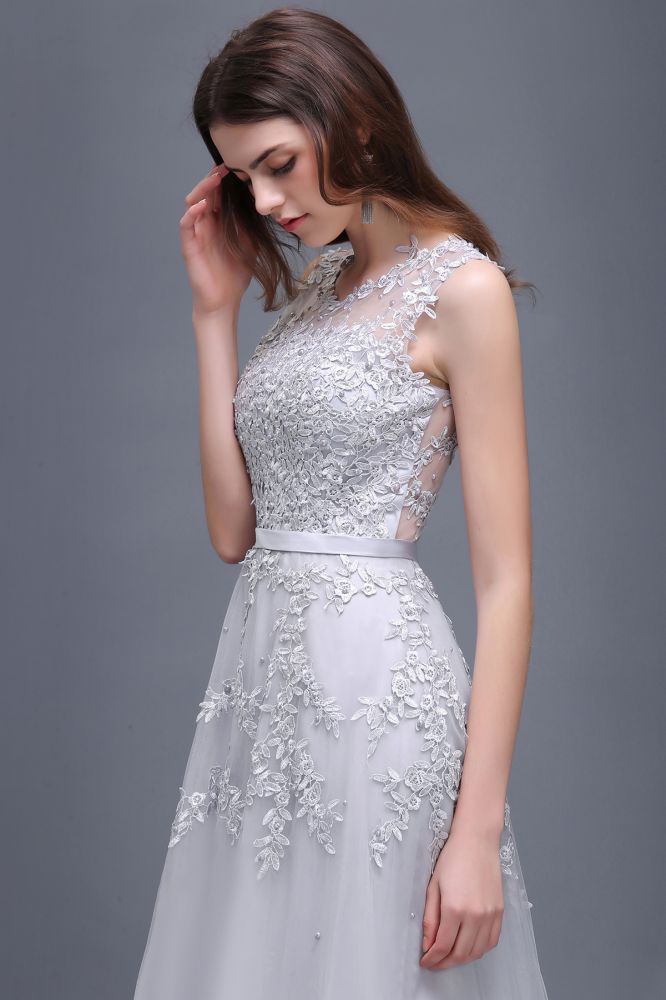 Vestido de graduación de tul hasta el suelo, corte en A, con apliques