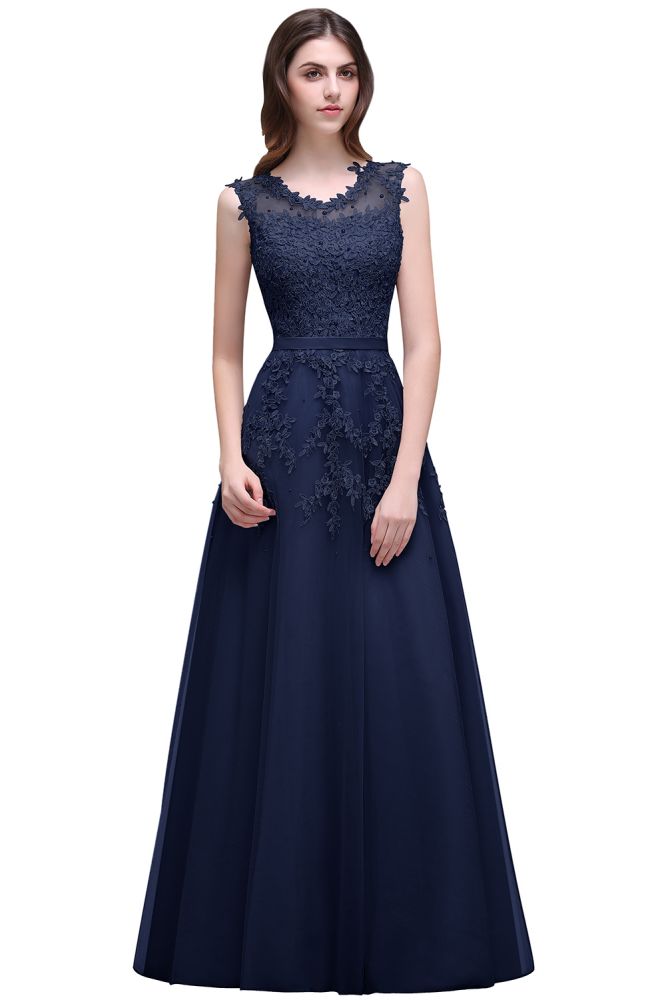 Vestido de graduación de tul hasta el suelo, corte en A, con apliques