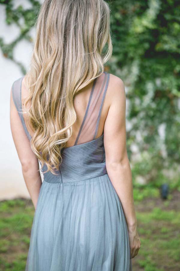 Vestido de dama de honor de tul turquesa sin mangas, corte en A, largo hasta el suelo BD041 