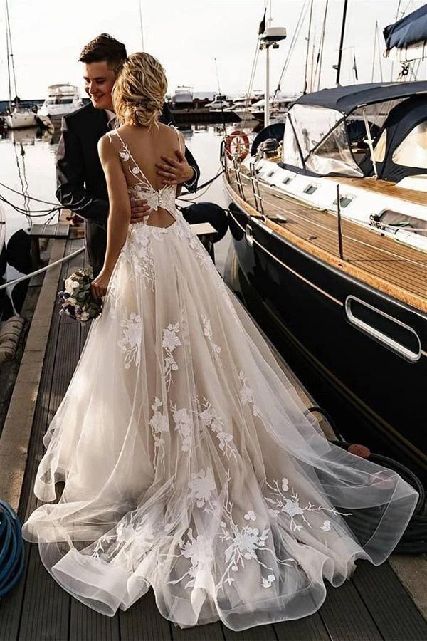 Vestido de novia playero con apliques florales corte A y espalda descubierta WD467