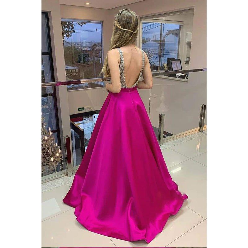 Vestido largo de fiesta de noche formal, corte en A, satén fucsia con cuentas y escote en V 