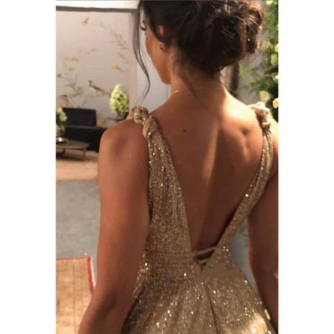 Vestido de fiesta brillante de corte A con lentejuelas doradas y escote en V 