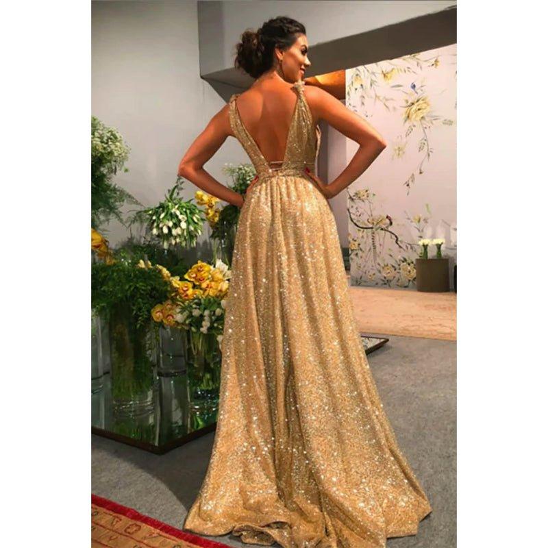 Vestido de fiesta brillante de corte A con lentejuelas doradas y escote en V 