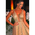Vestido de fiesta brillante de corte A con lentejuelas doradas y escote en V 