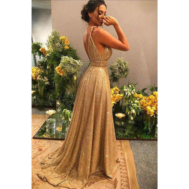 Vestido de fiesta brillante de corte A con lentejuelas doradas y escote en V 