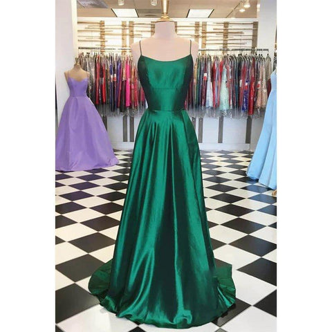 Vestido de fiesta sencillo de satén elástico verde, corte en A, ideal para concursos de belleza. 