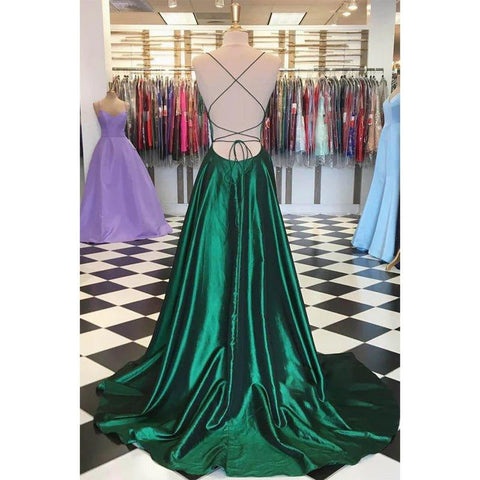 Vestido de fiesta sencillo de satén elástico verde, corte en A, ideal para concursos de belleza. 