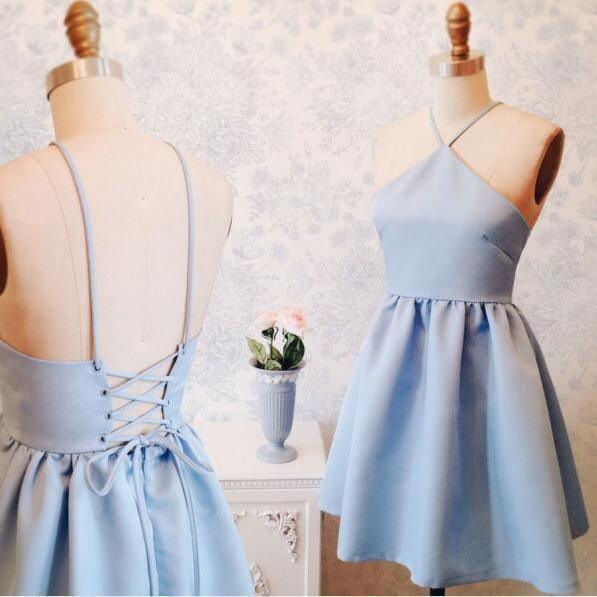 Vestido de fiesta azul de satén elástico, corte línea, cuello halter, por encima de la rodilla, con cordones, PD403