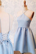 Vestido de fiesta azul de satén elástico, corte línea, cuello halter, por encima de la rodilla, con cordones, PD403