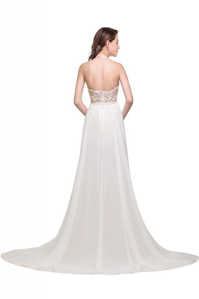 Vestido de noche de gasa con escote halter y corte en A con encaje