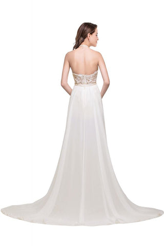 Vestido de noche de gasa con escote halter y corte en A con encaje