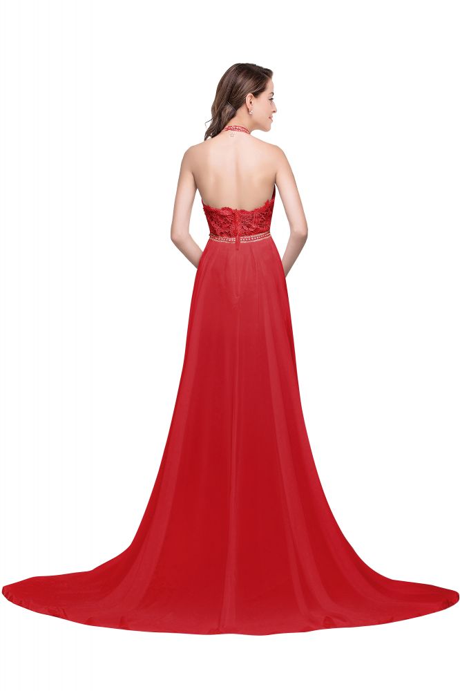 Vestido de noche de gasa con escote halter y corte en A con encaje