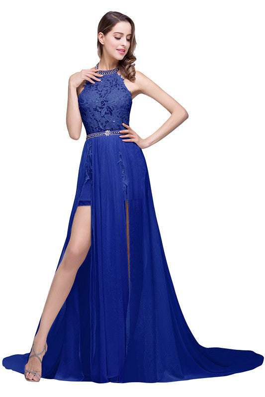 Vestido de noche de gasa con escote halter y corte en A con encaje