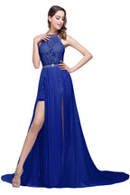 Vestido de noche de gasa con escote halter y corte en A con encaje