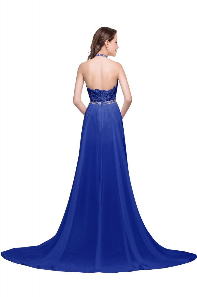 Vestido de noche de gasa con escote halter y corte en A con encaje