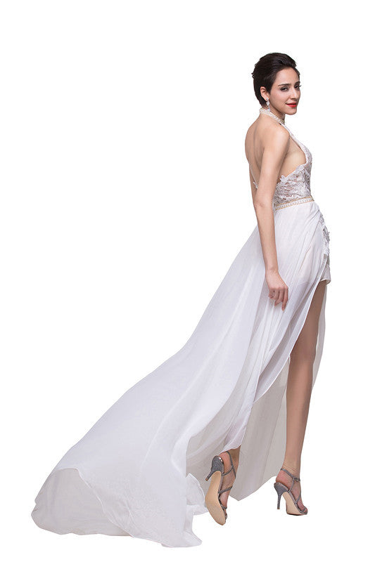 Vestido de noche de gasa con escote halter y corte en A con encaje