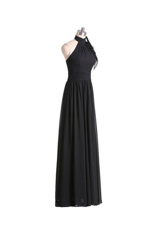 Vestido de dama de honor negro de gasa, corte línea A, escote halter y largo hasta el suelo, con pliegues BD019