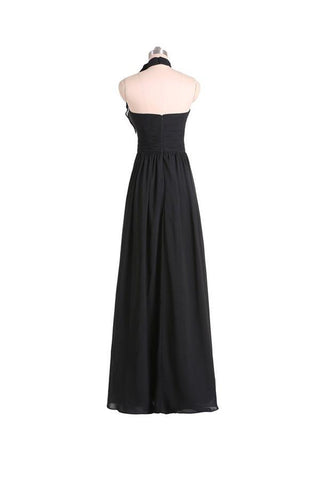 Vestido de dama de honor negro de gasa, corte línea A, escote halter y largo hasta el suelo, con pliegues BD019