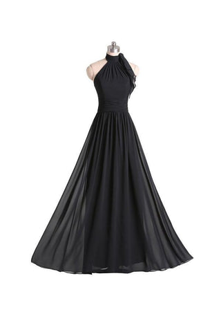 Vestido de dama de honor negro de gasa, corte línea A, escote halter y largo hasta el suelo, con pliegues BD019