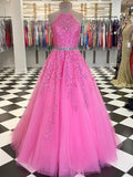 Vestidos de fiesta largos de tul con encaje, corte halter y corte en A, con cinturón, vestidos de noche formales
