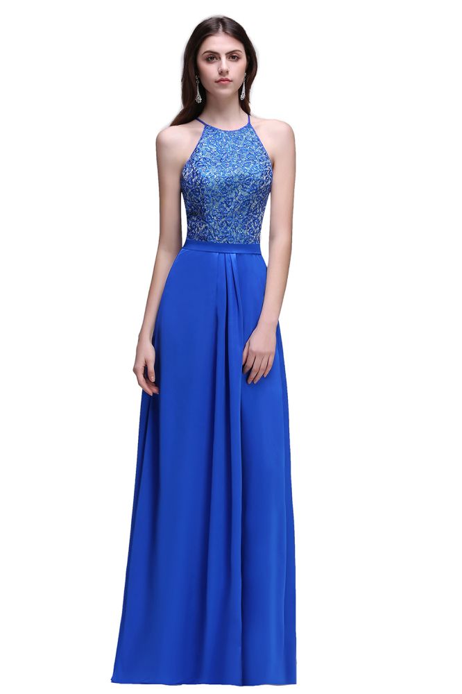 Vestidos de fiesta de gasa azul real con escote halter y corte en A con lentejuelas