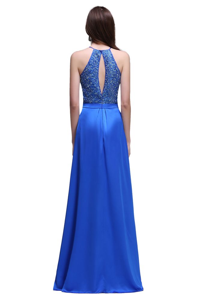 Vestidos de fiesta de gasa azul real con escote halter y corte en A con lentejuelas