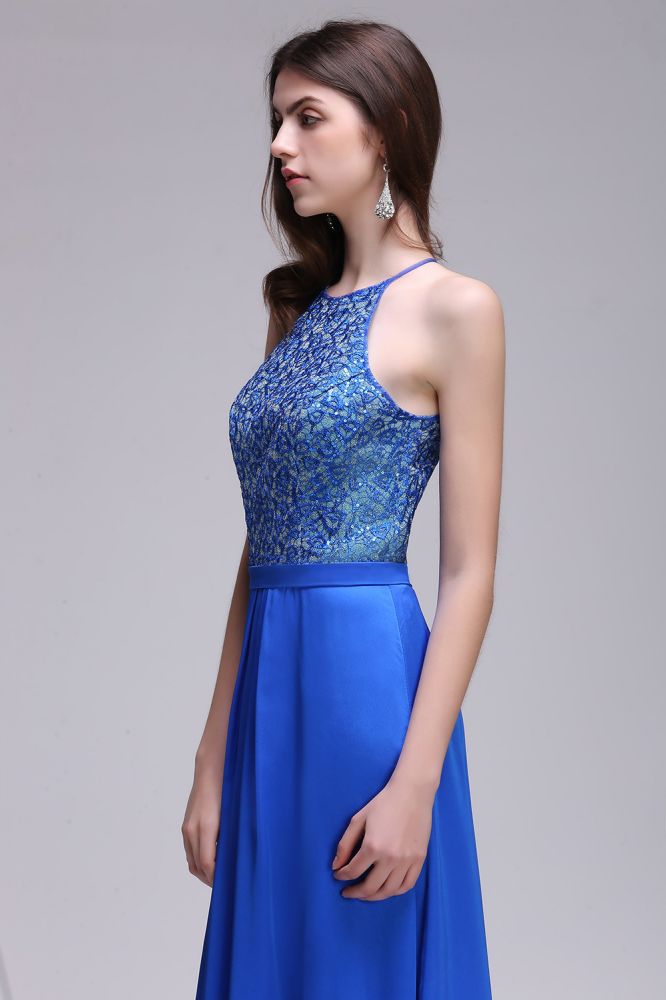 Vestidos de fiesta de gasa azul real con escote halter y corte en A con lentejuelas