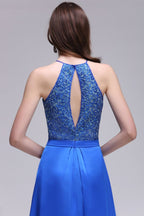 Vestidos de fiesta de gasa azul real con escote halter y corte en A con lentejuelas