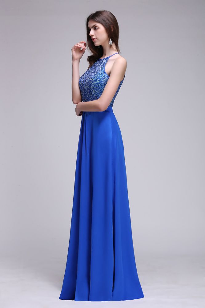Vestidos de fiesta de gasa azul real con escote halter y corte en A con lentejuelas