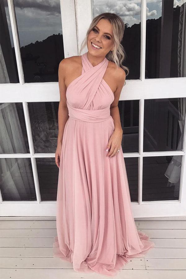 Vestido largo de dama de honor rosa de gasa con escote halter y corte en A, talla 4, modelo BD075