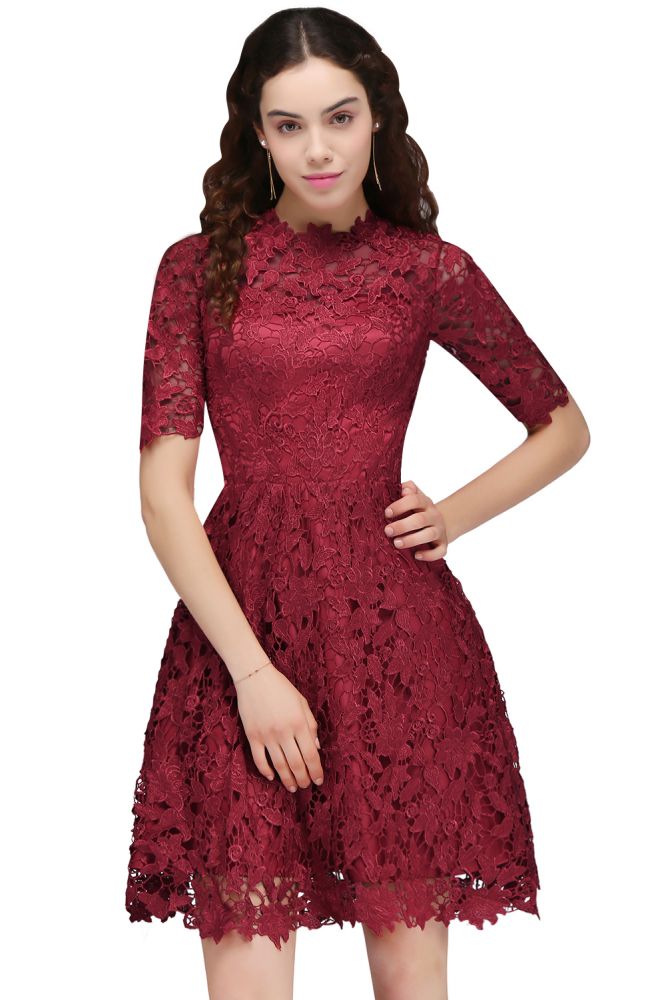 Vestidos cortos de encaje burdeos con escote halter y corte en A para fiestas de bienvenida