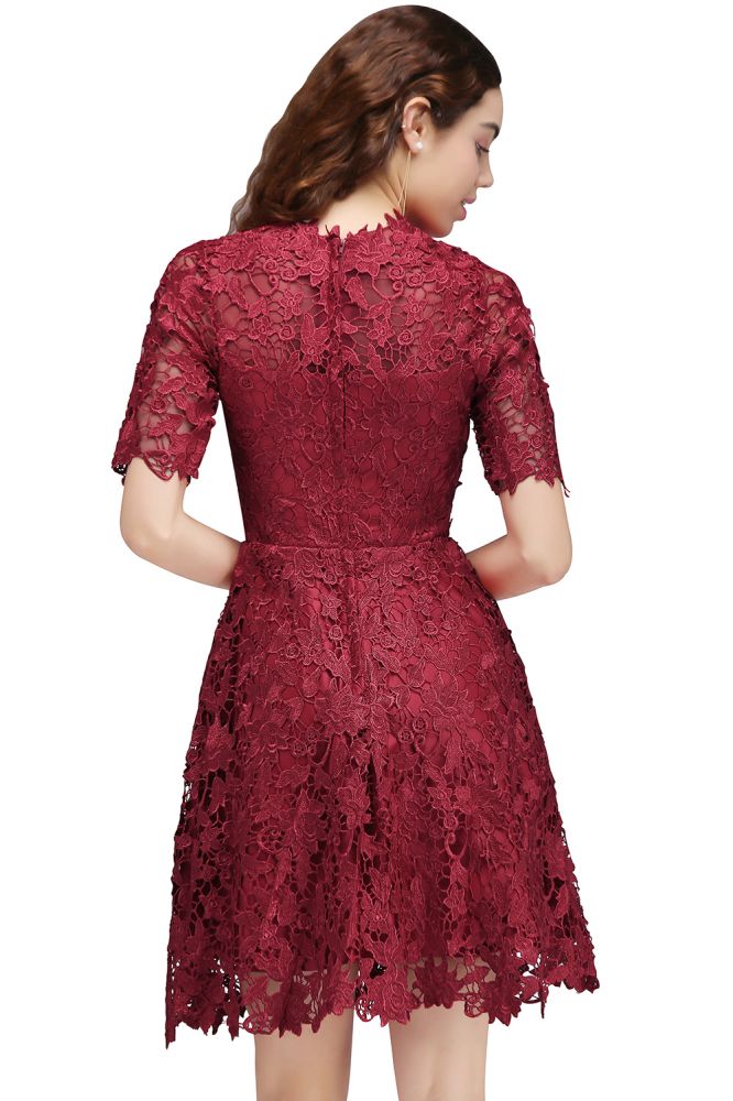 Vestidos cortos de encaje burdeos con escote halter y corte en A para fiestas de bienvenida