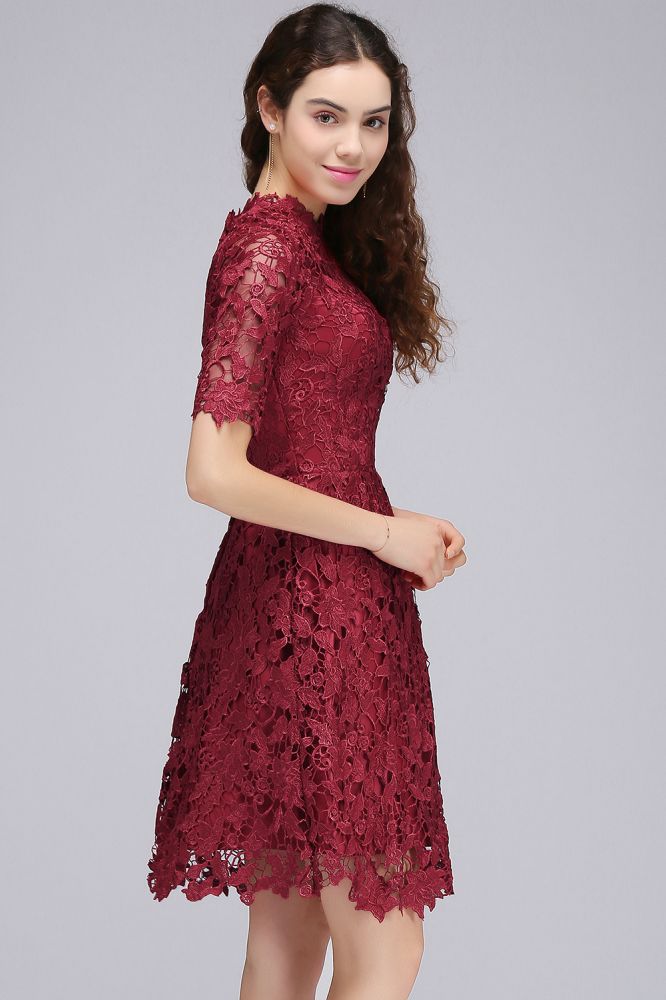 Vestidos cortos de encaje burdeos con escote halter y corte en A para fiestas de bienvenida
