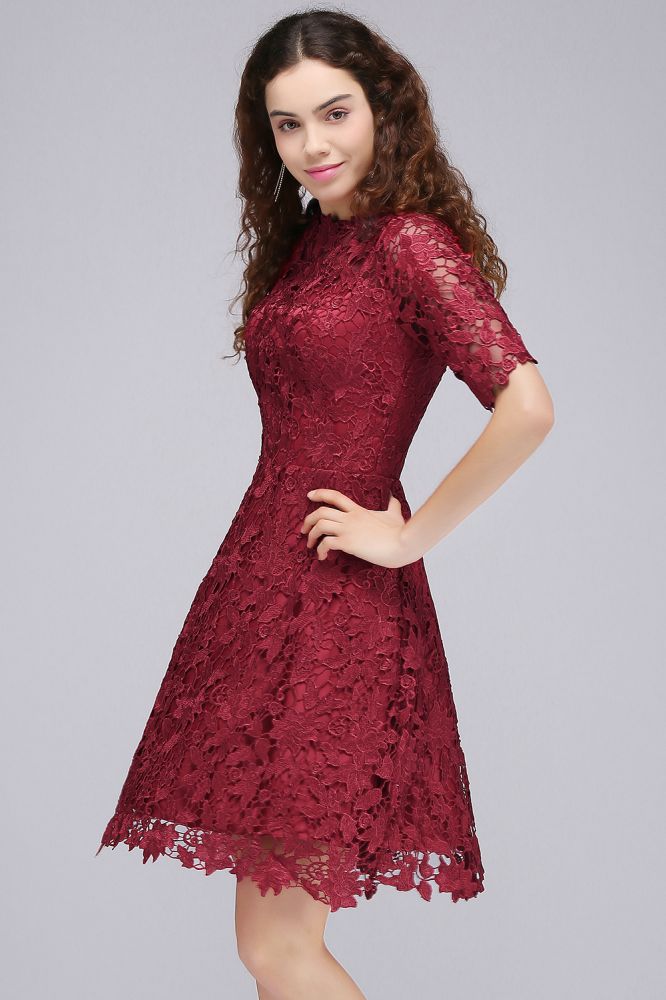Vestidos cortos de encaje burdeos con escote halter y corte en A para fiestas de bienvenida