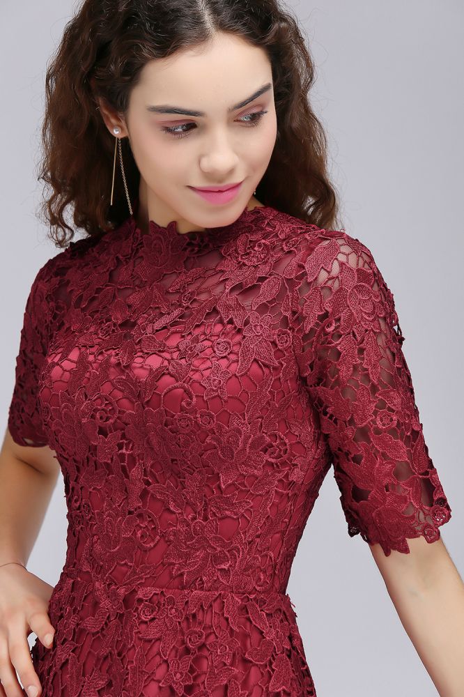 Vestidos cortos de encaje burdeos con escote halter y corte en A para fiestas de bienvenida
