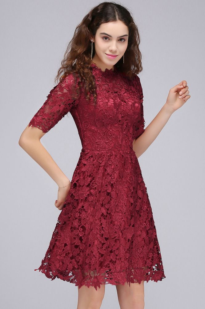 Vestidos cortos de encaje burdeos con escote halter y corte en A para fiestas de bienvenida