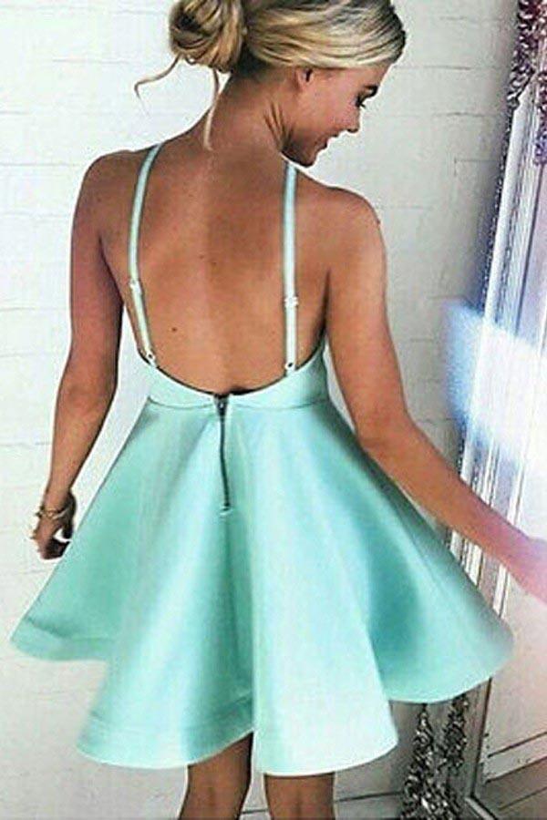 Vestido corto de satén menta para fiesta de bienvenida, corte halter, línea A, con fruncido PD007